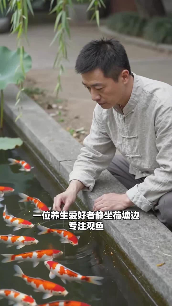 静坐观鱼戏荷塘中,心平气和,气血顺畅少病生