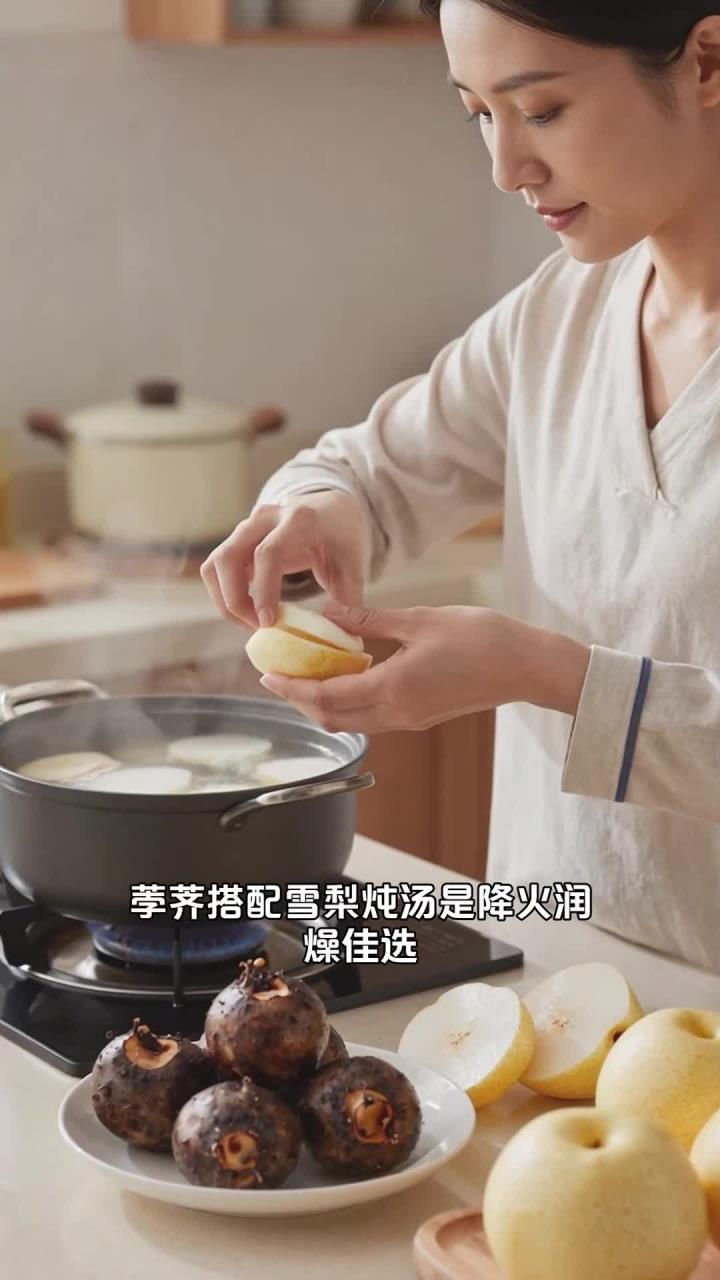荸荠搭配雪梨炖汤,适合阴虚火旺、容易上火的人
