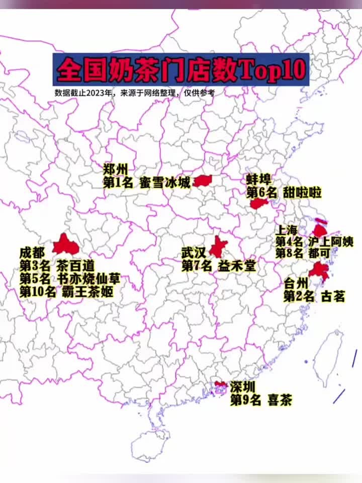 全国奶茶品牌门店数top10名，标红城市为该品牌总部所在城市