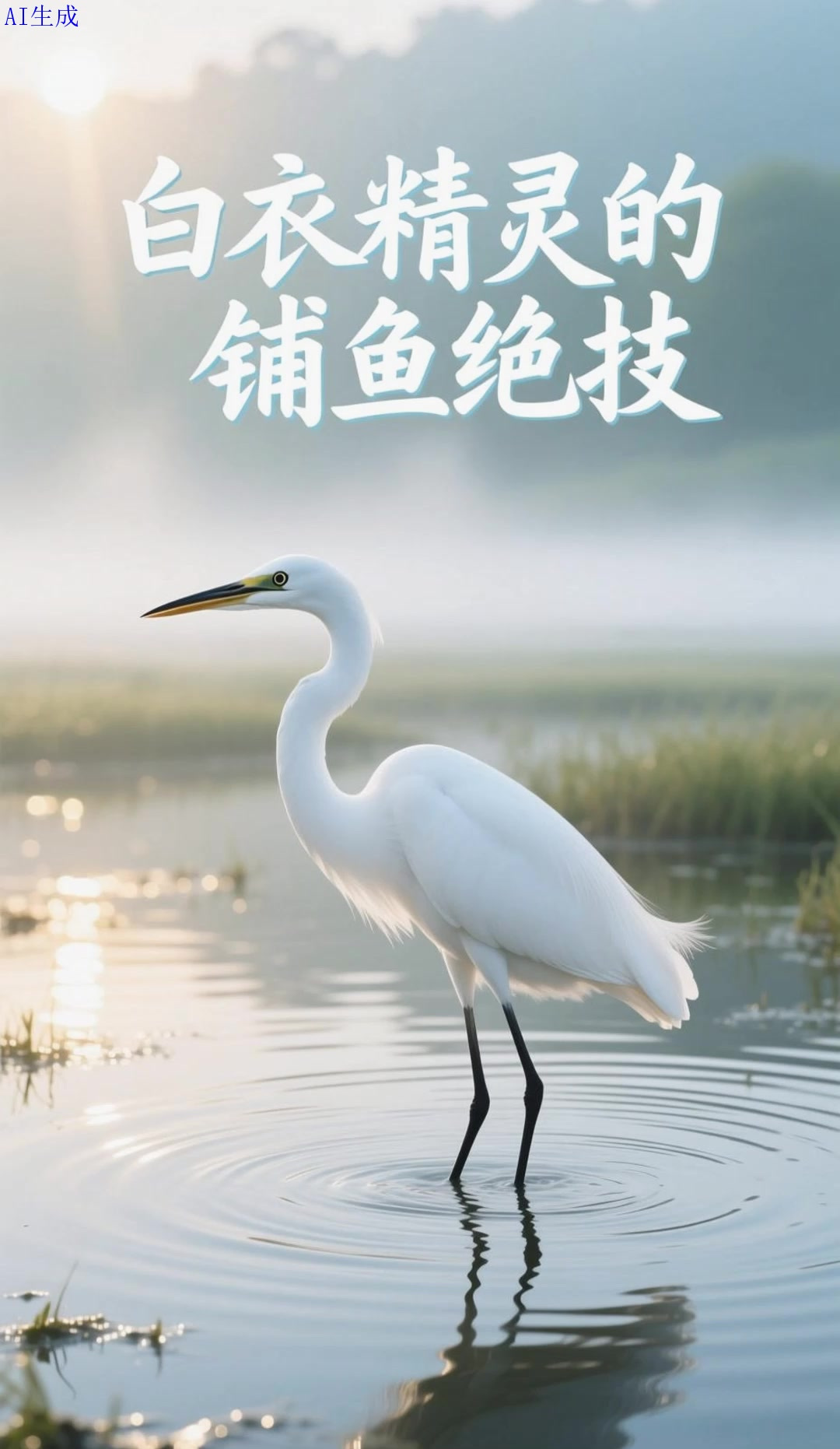 白衣长腿白鹭,轻盈捕鱼瞬间