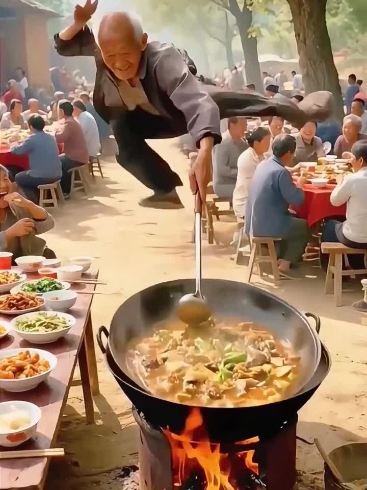 爷爷在酒席上花式炒菜