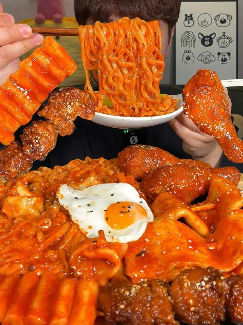 今天吃云吞火鸡面 炸鸡 辣炒年糕 鱼饼 唐扬鸡块!好满足!