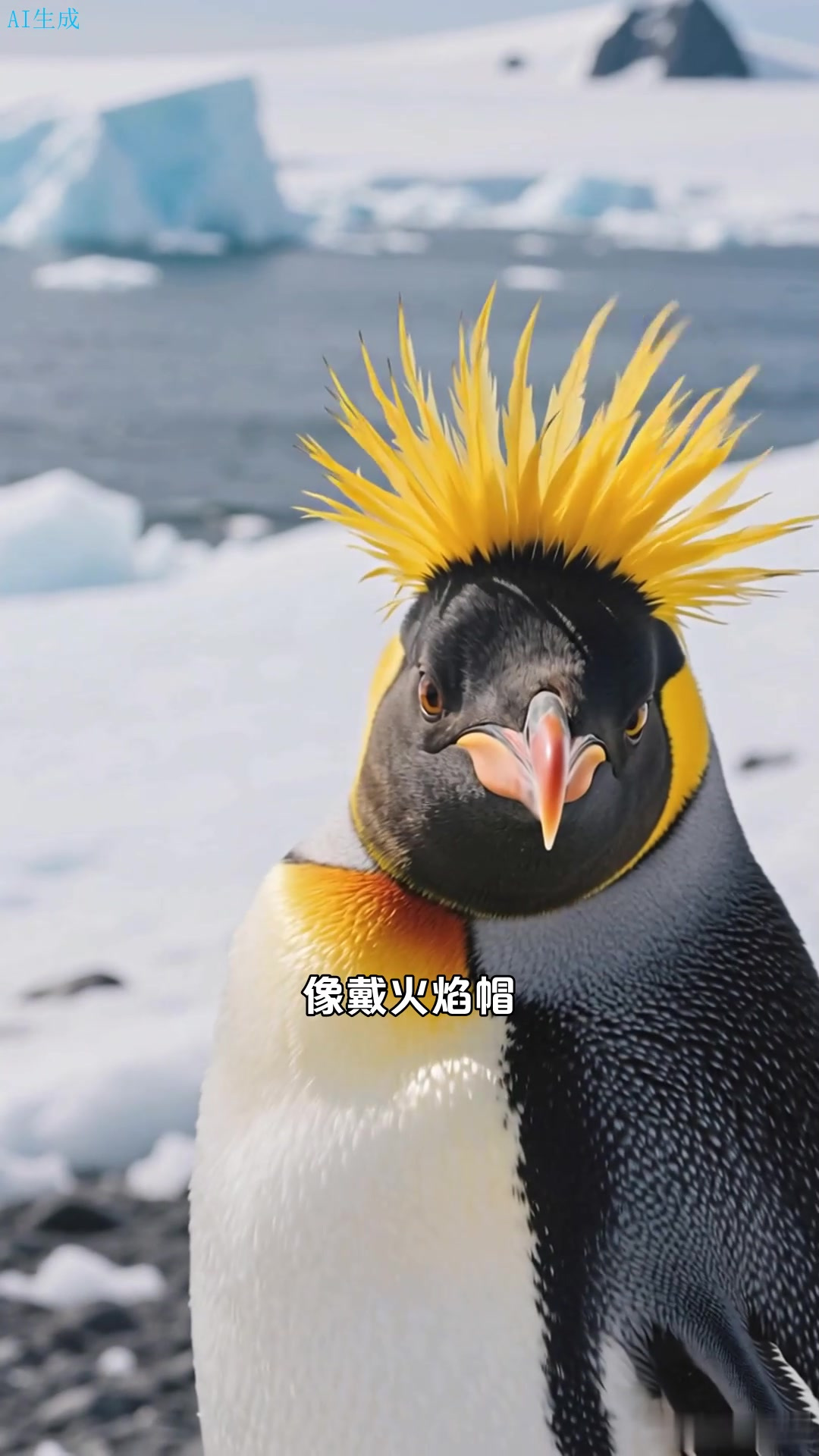 凤头黄眉企鹅,羽冠怒发,亮黄色的眉冠高高竖起,怒发冲冠
