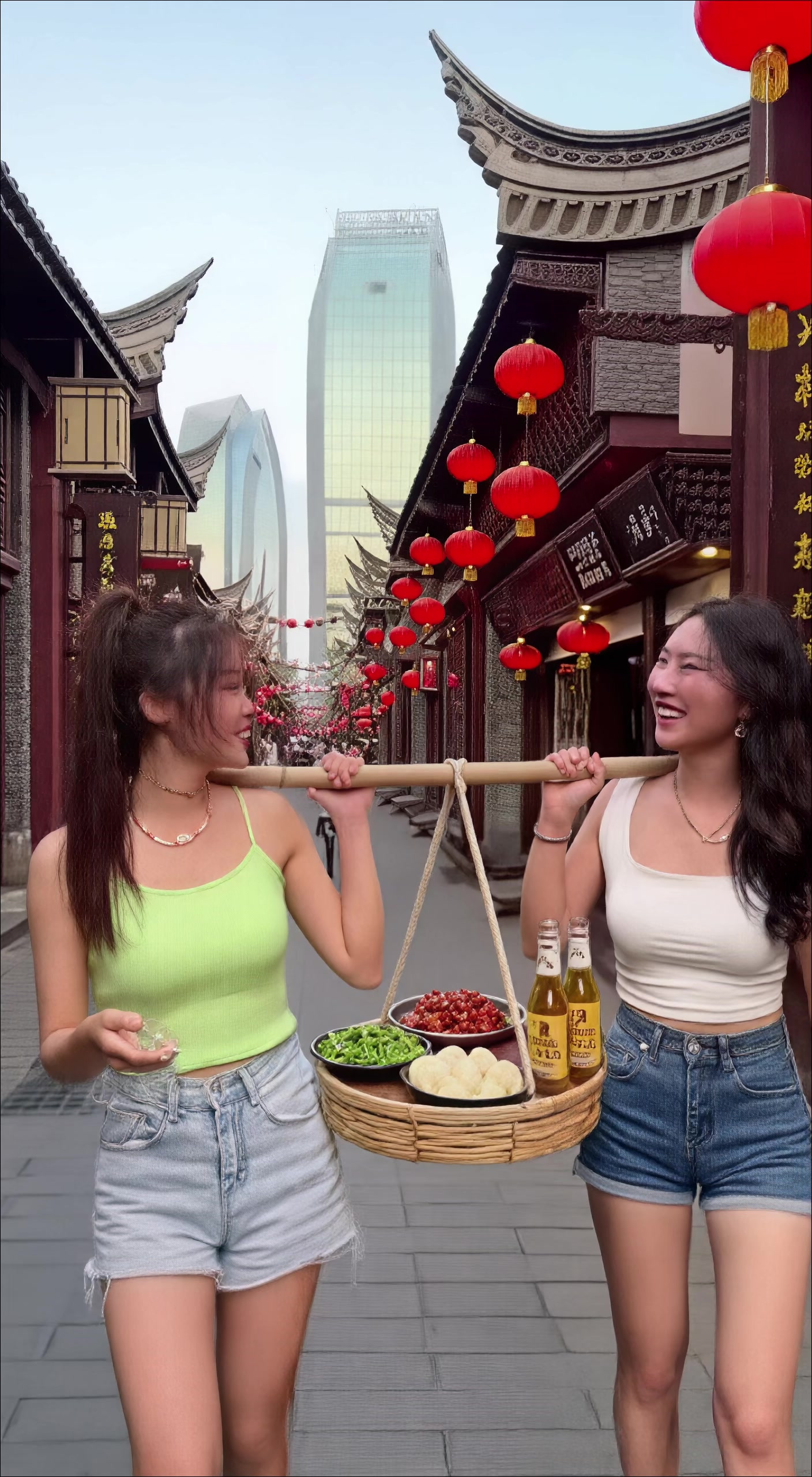 闺蜜硬核出街!两人扛一桌川菜边走边吃,路人全看呆了