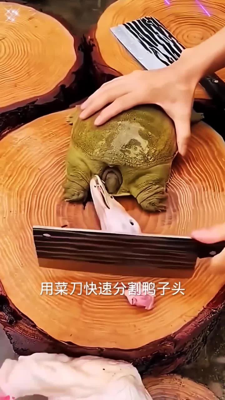 用菜刀快速分割鸭子头