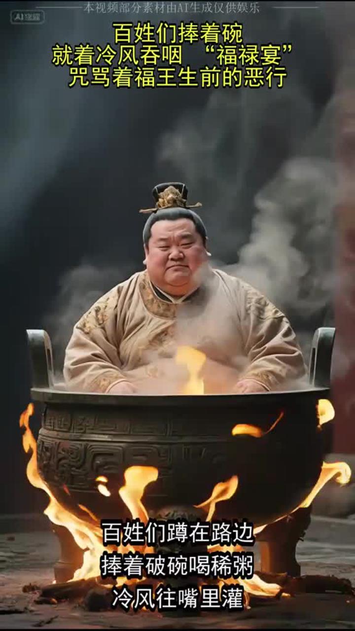 百姓们捧着碗，就着冷风吞咽 “福禄宴”，咒骂着福王生前的恶行