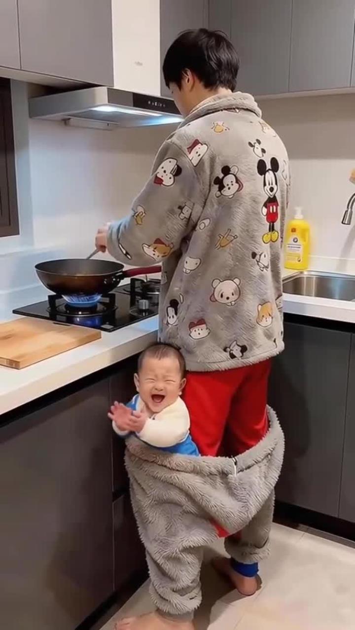 奶爸穿着卡通睡衣做饭,把娃揣裤腿里,奶爸带娃这画面太逗了!