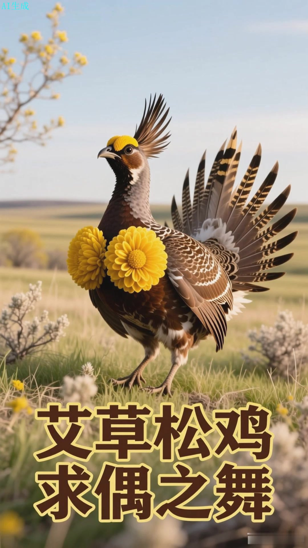 艾草松鸡在求偶场鼓起胸部的两个黄色气囊