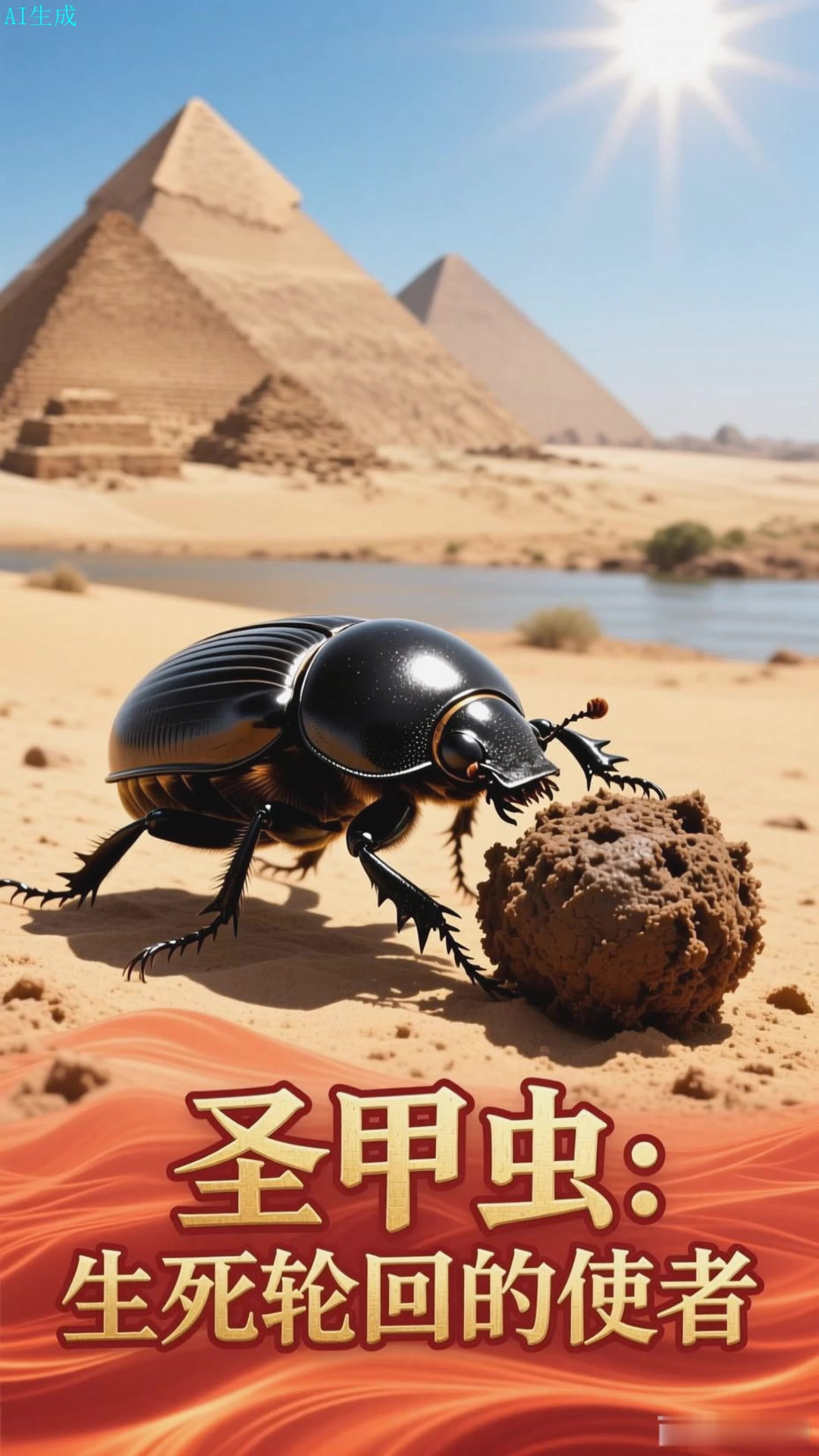 蜣螂在古埃及神话中推动太阳球,象征复活、重生与生命循环