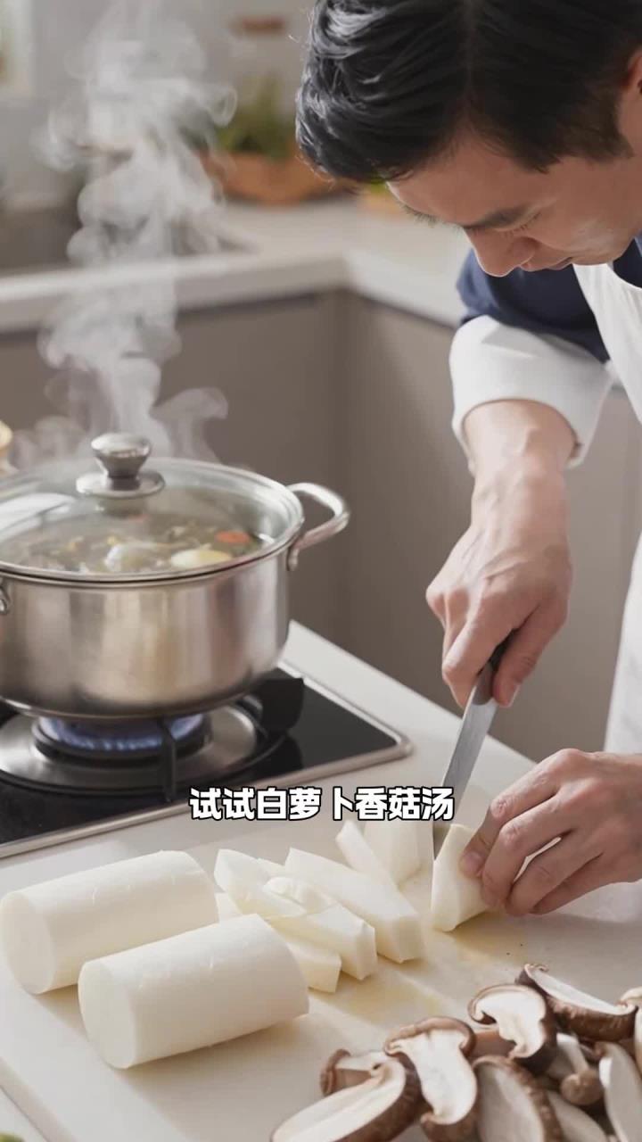 白萝卜搭配香菇煮汤喝,清淡鲜香解腻,缓解胀气不适更舒服