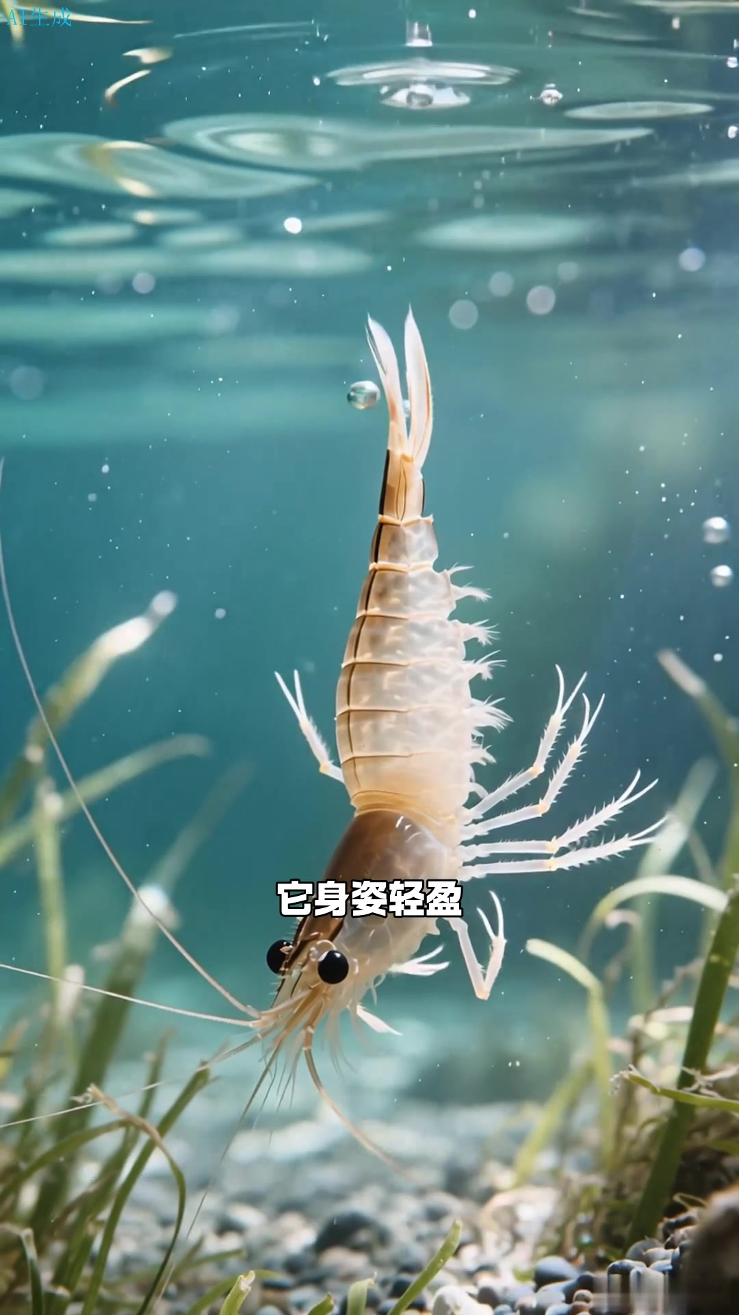 仙女虾，倒游舞者，腹部朝上游泳的优雅姿态