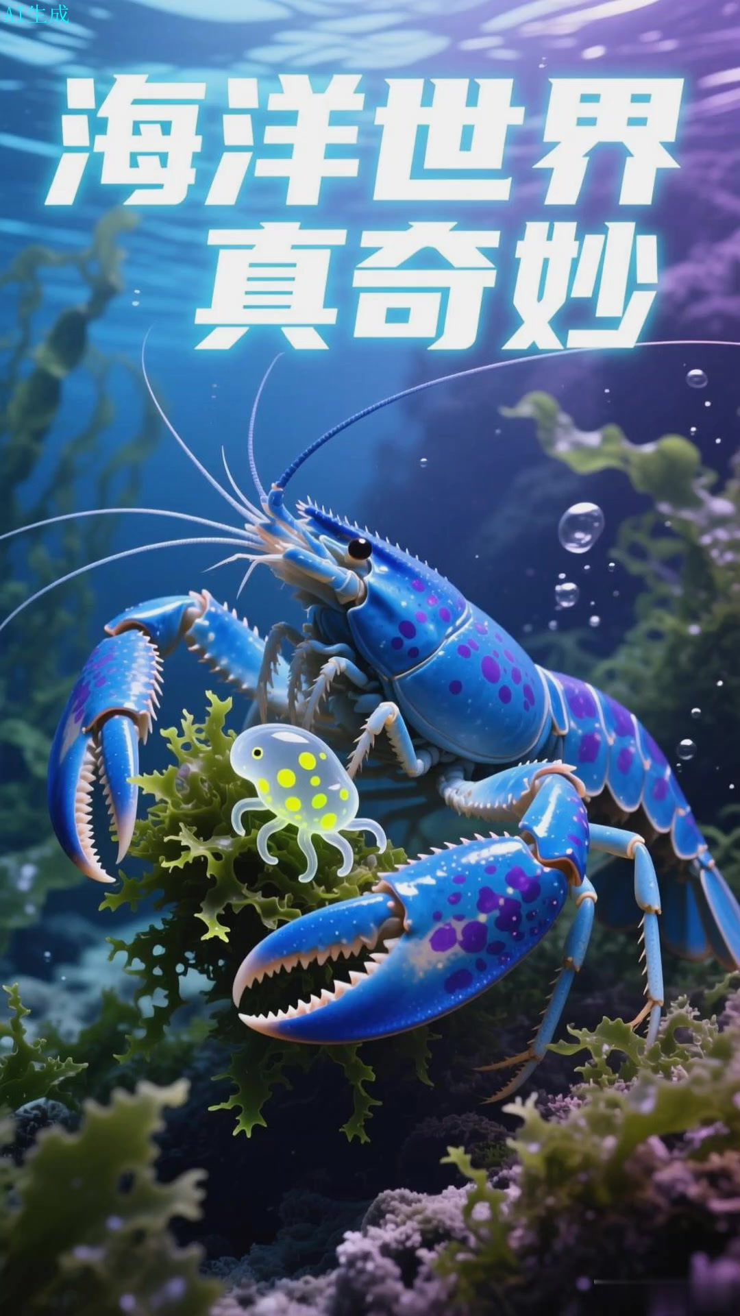 蓝魔虾游藻丛,虾钳夹起海藻的清甜