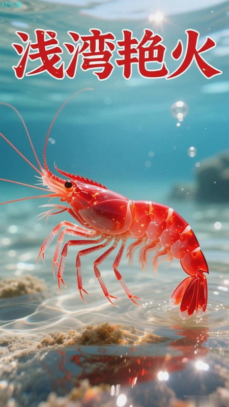 极火虾游浅湾,虾身晃出湾水的艳红