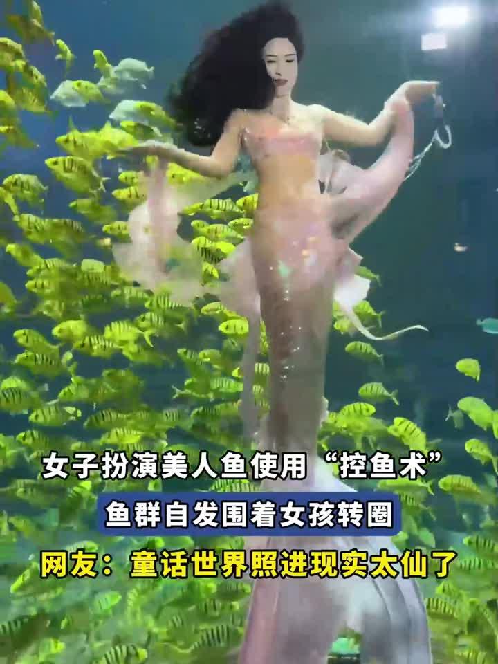 女子扮演美人鱼使用“控鱼术”，鱼群自发围着女孩转圈