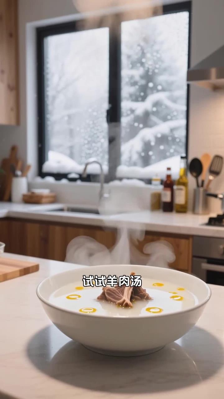 大雪煮羊肉汤加粉丝加白菜，补热量添风味，健康养生冬食佳～