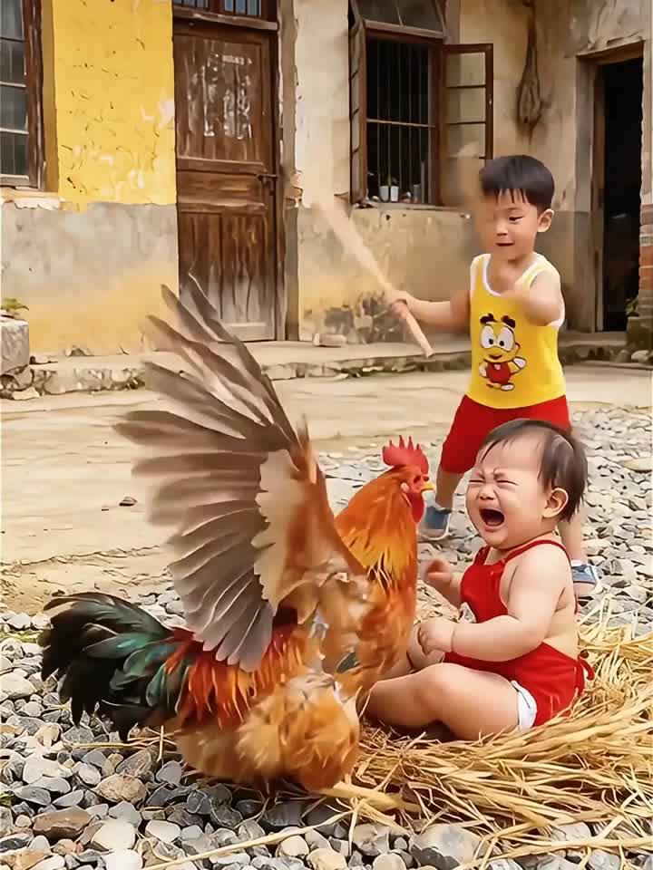 哥哥为救弟弟与公鸡激战全记录
