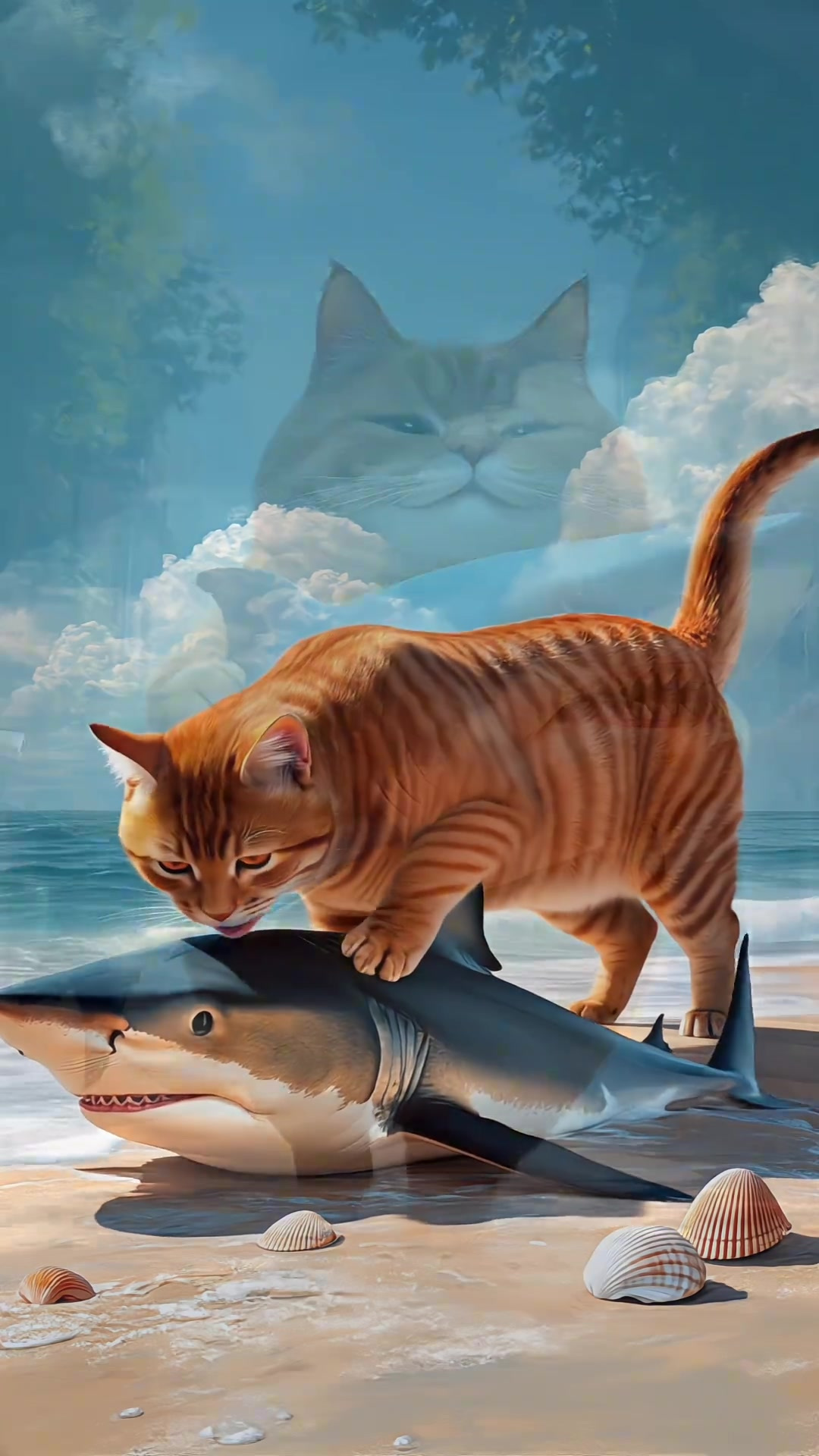 胖橘猫在海边捡了一条鲨鱼,带回家给它做麻辣水饺!