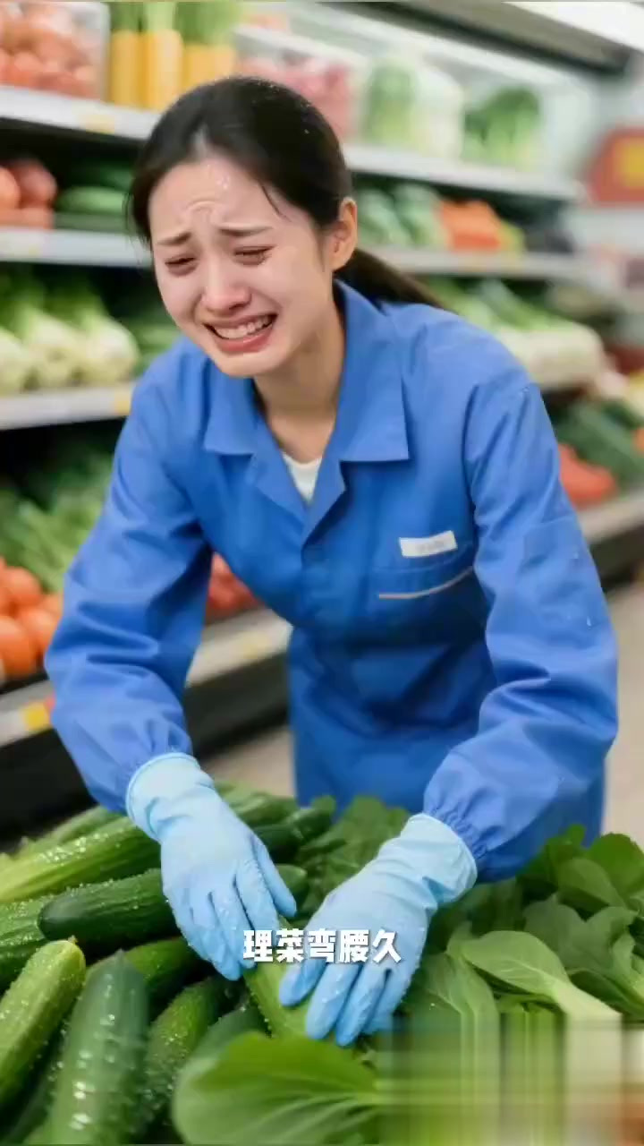社区超市生鲜区员工理菜腰累 + 手沾露水凉？冬瓜汤 + 小凳