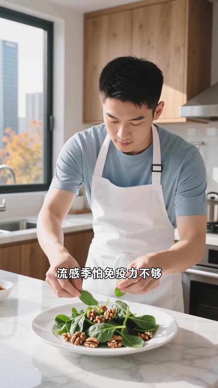 家常流感食护搭配,吃凉拌菠菜核桃仁,助力免疫细胞合成