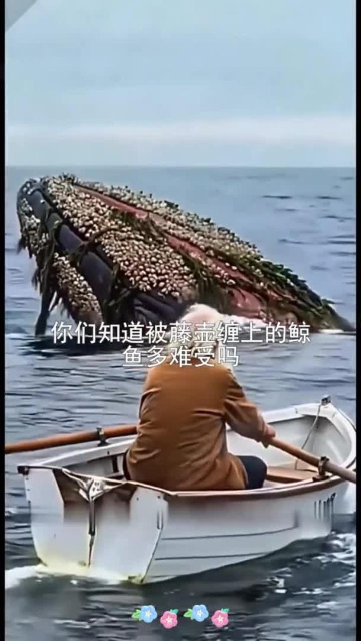 大鲸鱼身上长满了藤壶,太难受了,老人耐心帮它清除