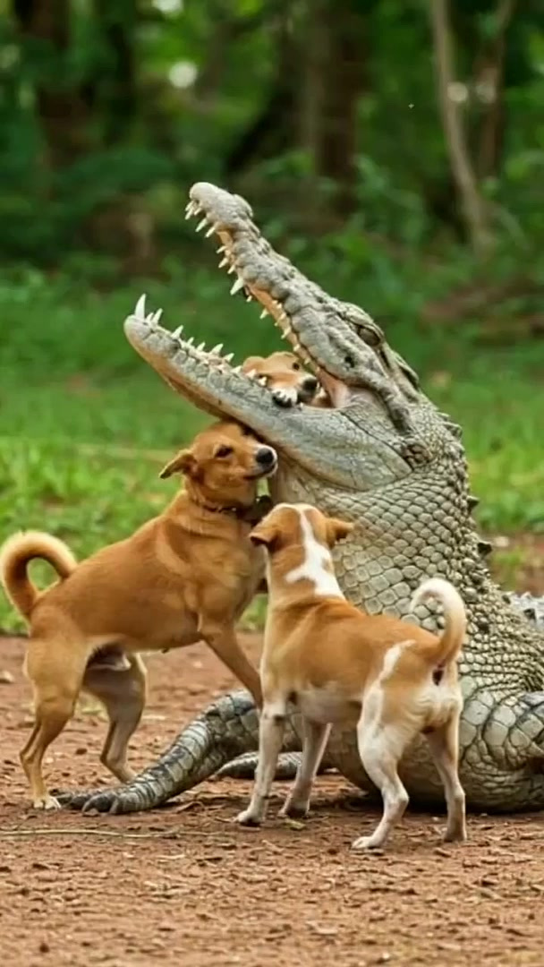 土狗伸头进鳄鱼嘴，鳄鱼闭嘴又张开！狗群吓退又试探