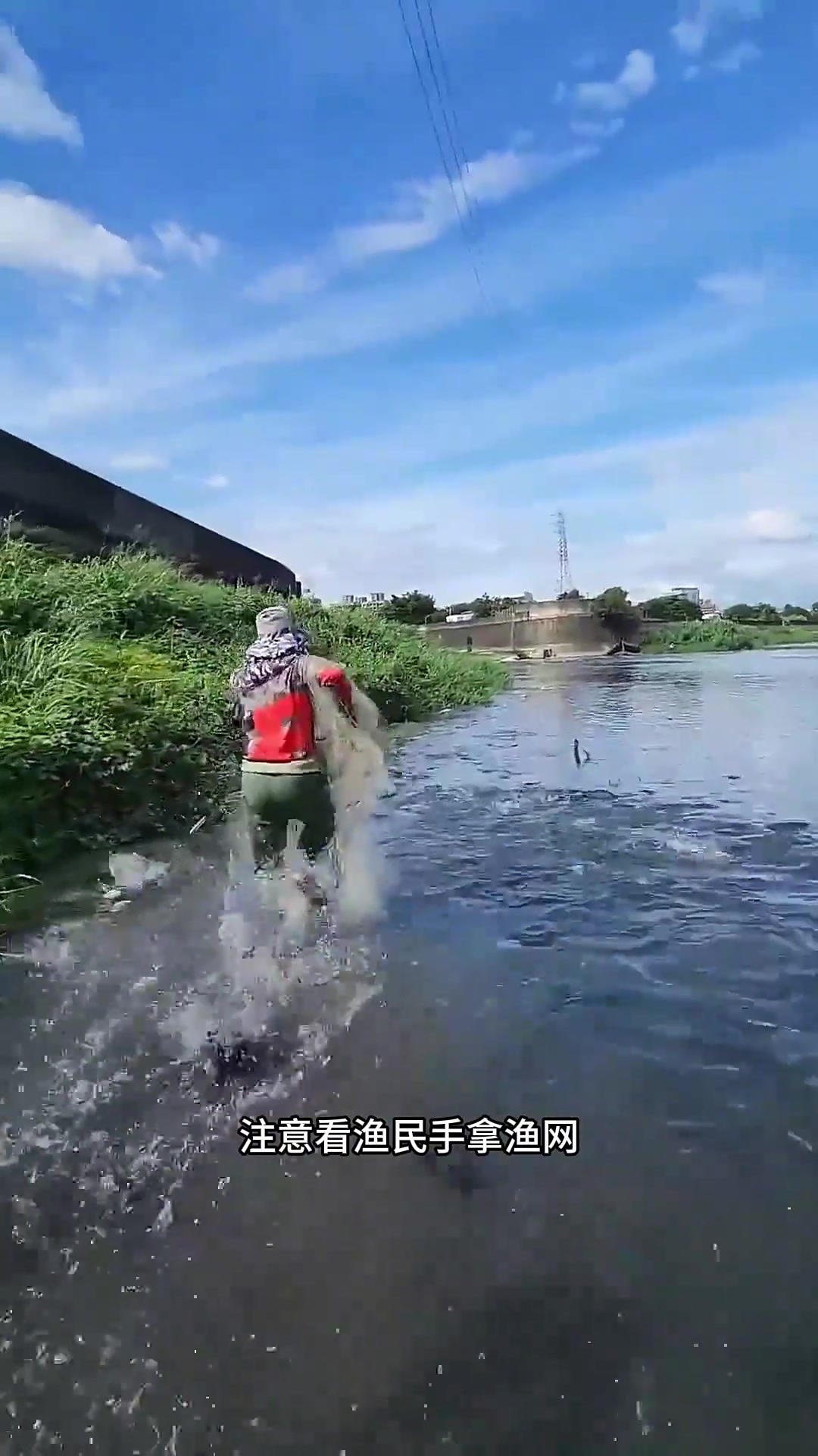 户外捕鱼:渔民在小河中撒网捕鱼收获十斤左右的渔获