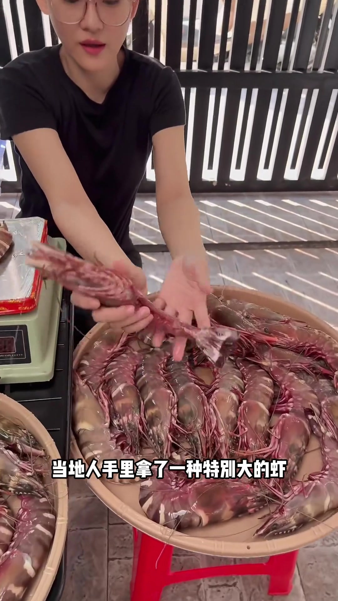 泰国当地人手里拿了一种特别大的虾,这种虾名叫虎虾