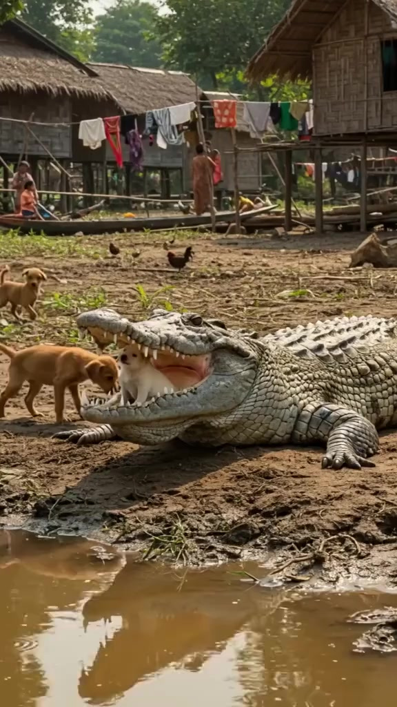 村里奇景：巨鳄张嘴竟睡着，白狗敢在其口打盹