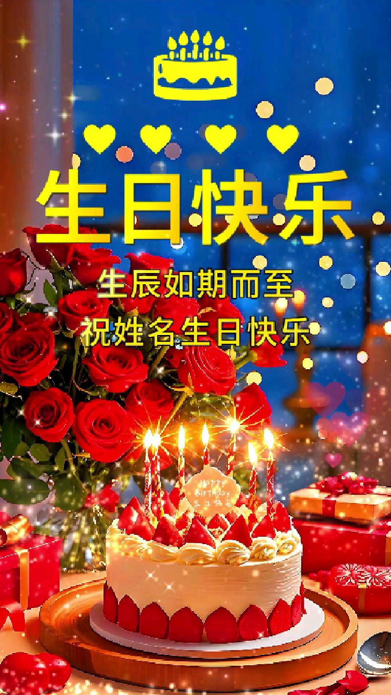 制作同款祝你生日快乐祝福视频,可以添加名字/日期/照片!温馨浪漫有鲜花礼物蛋糕