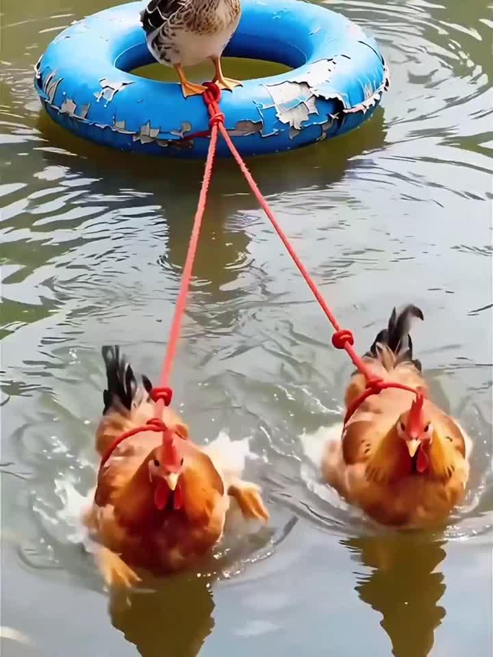 笑不活了,鸡拉着鸭子在水里游行