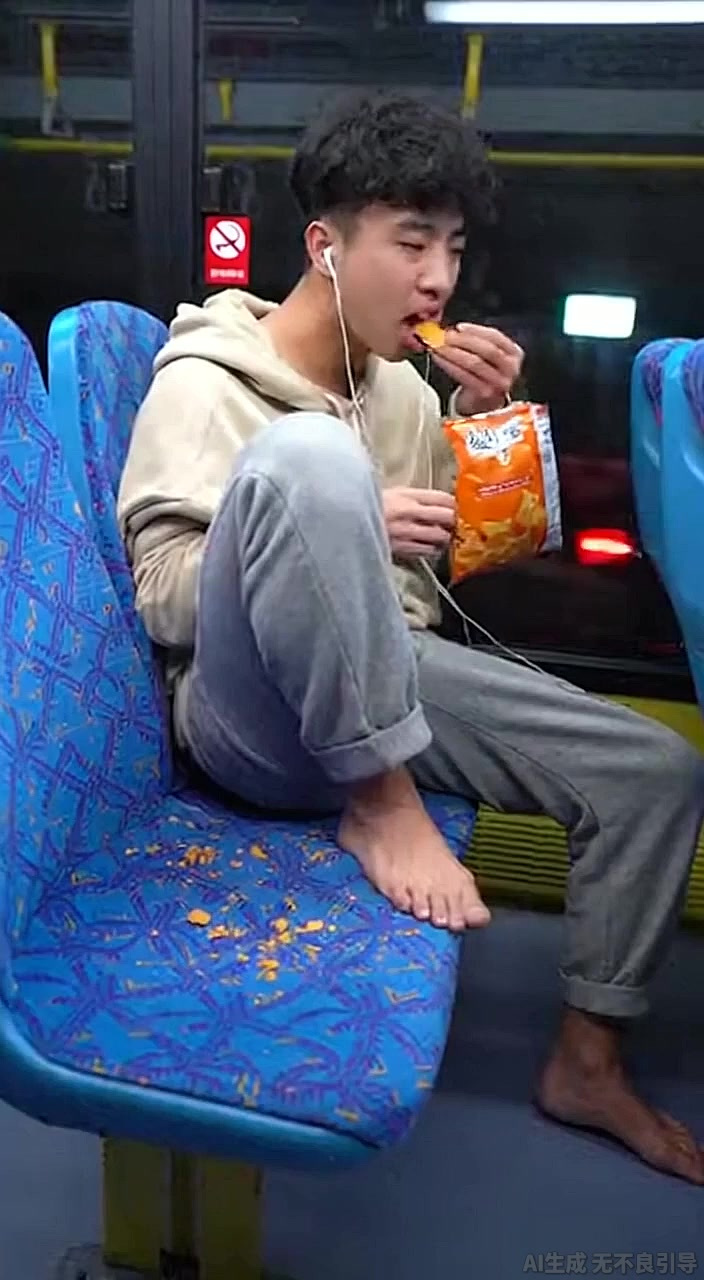 光脚踩座吃零食男子惹众怒