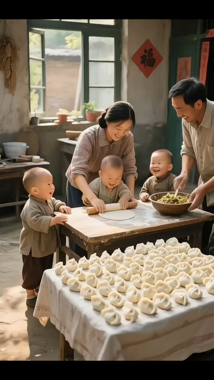 童年的热闹,温馨的一家人,妈妈教孩子包饺子