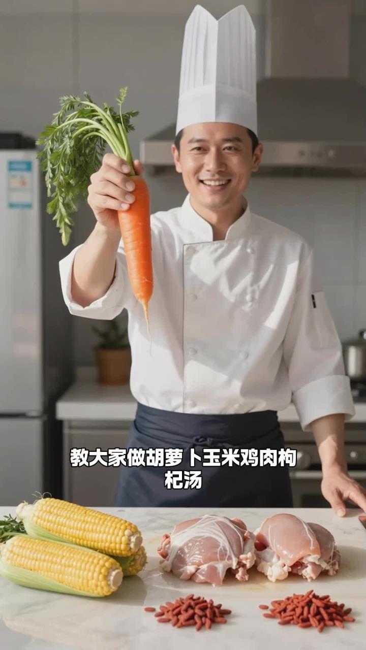 胡萝卜 + 玉米 + 鸡肉 + 枸杞,煲汤清甜,营养补气血
