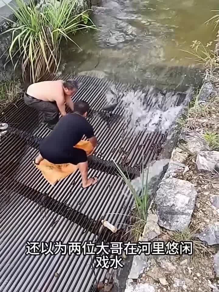俩大哥提着袋子在出水口装鱼，鱼太多了根本捡不完