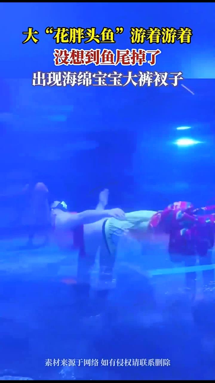 大“花胖头鱼”游着游着,没想到鱼尾掉了,出现海绵宝宝大裤衩子