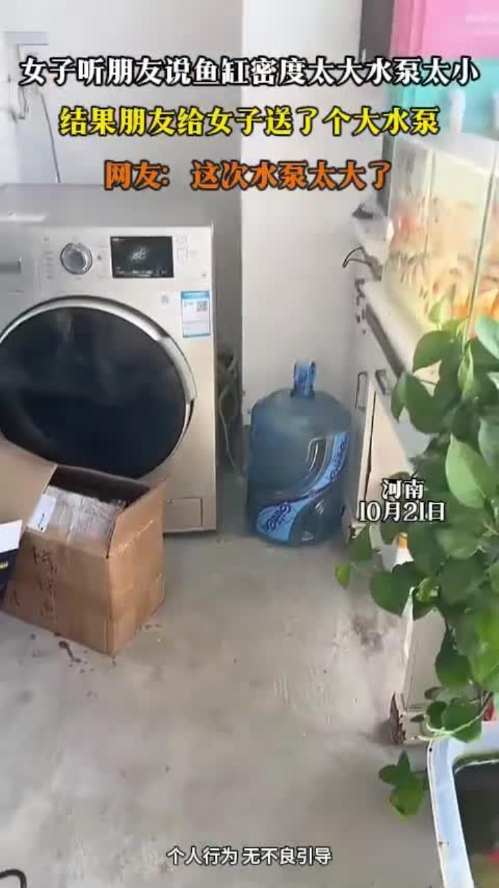 女子听朋友说鱼缸密度太大水泵太小，结果朋友给女子送了个大水泵