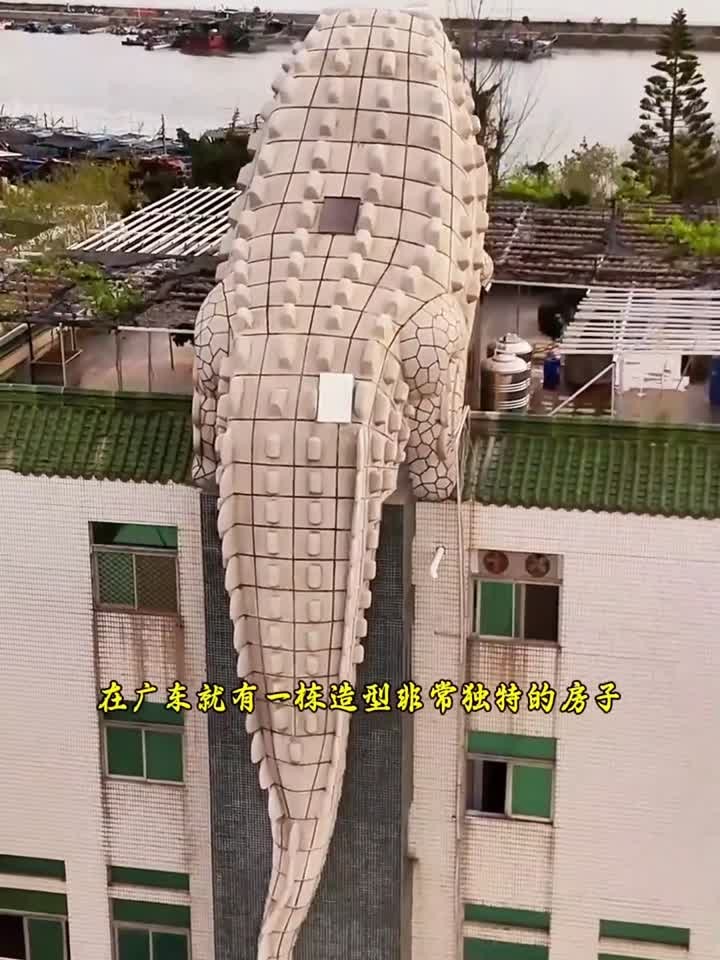 在广东发现一栋造型非常独特的房子，房顶上设计鳄鱼爬楼