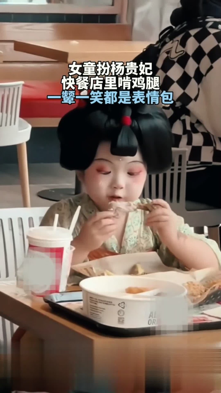 女童扮杨贵妃 快餐店里啃鸡腿 一颦一笑都是表情包