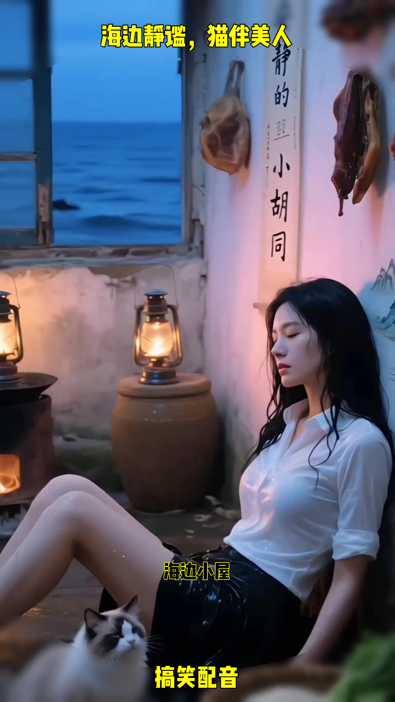 海边小屋,女孩静坐,猫咪相伴,灯火阑珊,夜色温柔