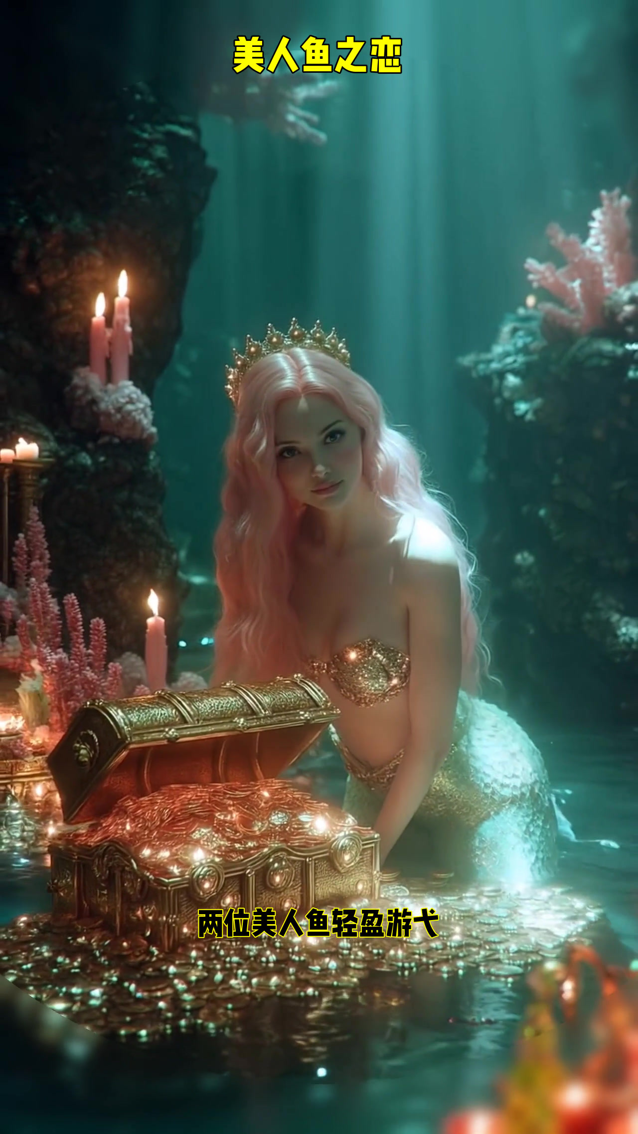美人鱼在海底翩翩起舞，花与光交织的梦幻时刻
