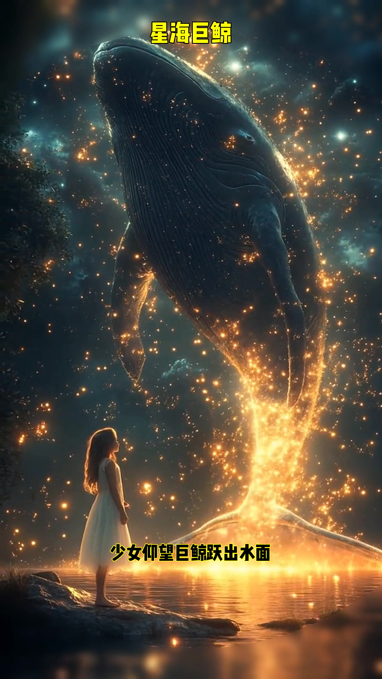 女孩凝望星空巨鲸，金光洒落如梦