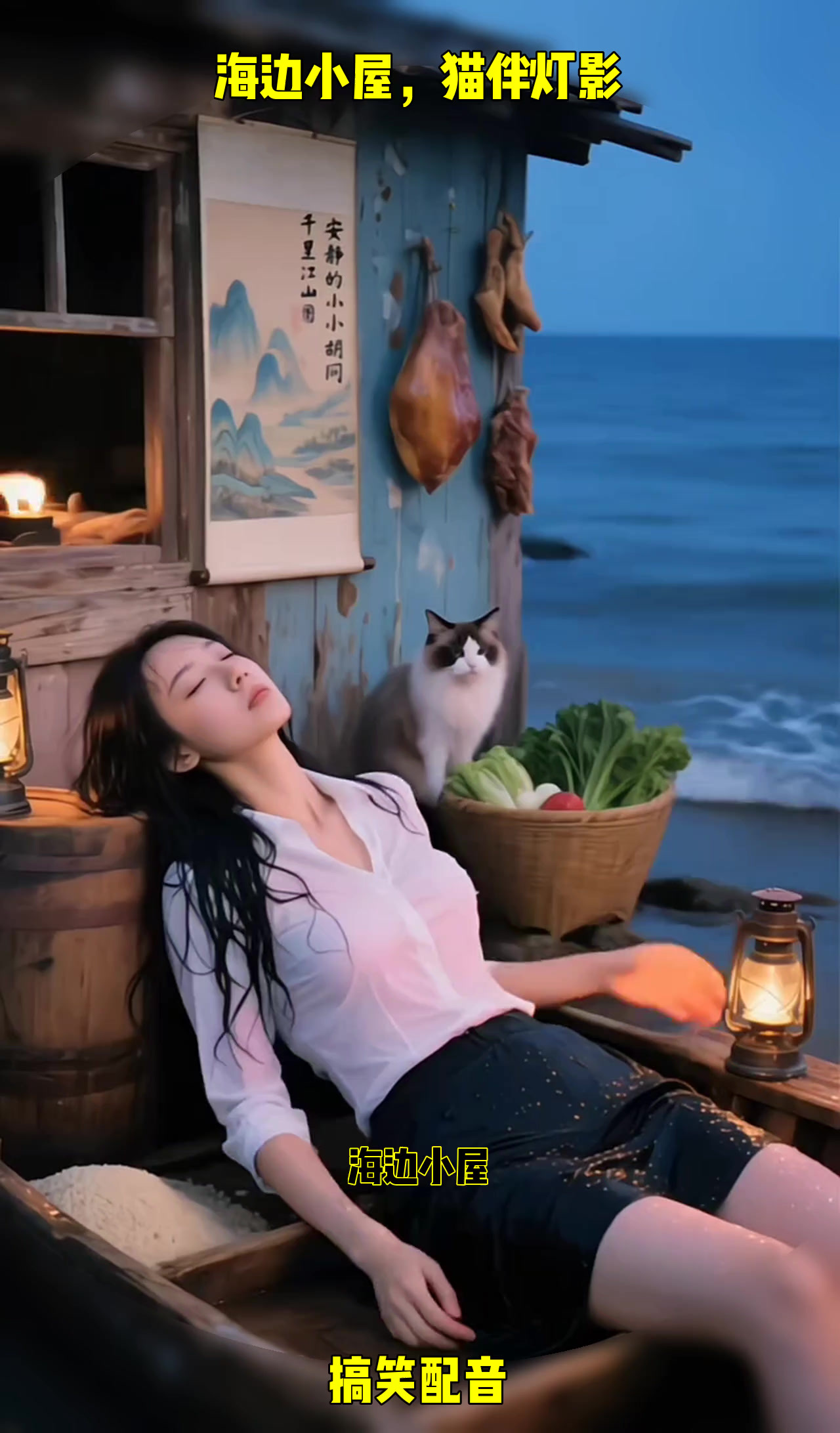 海边小屋,女孩与猫共度悠闲时光,温馨又治愈