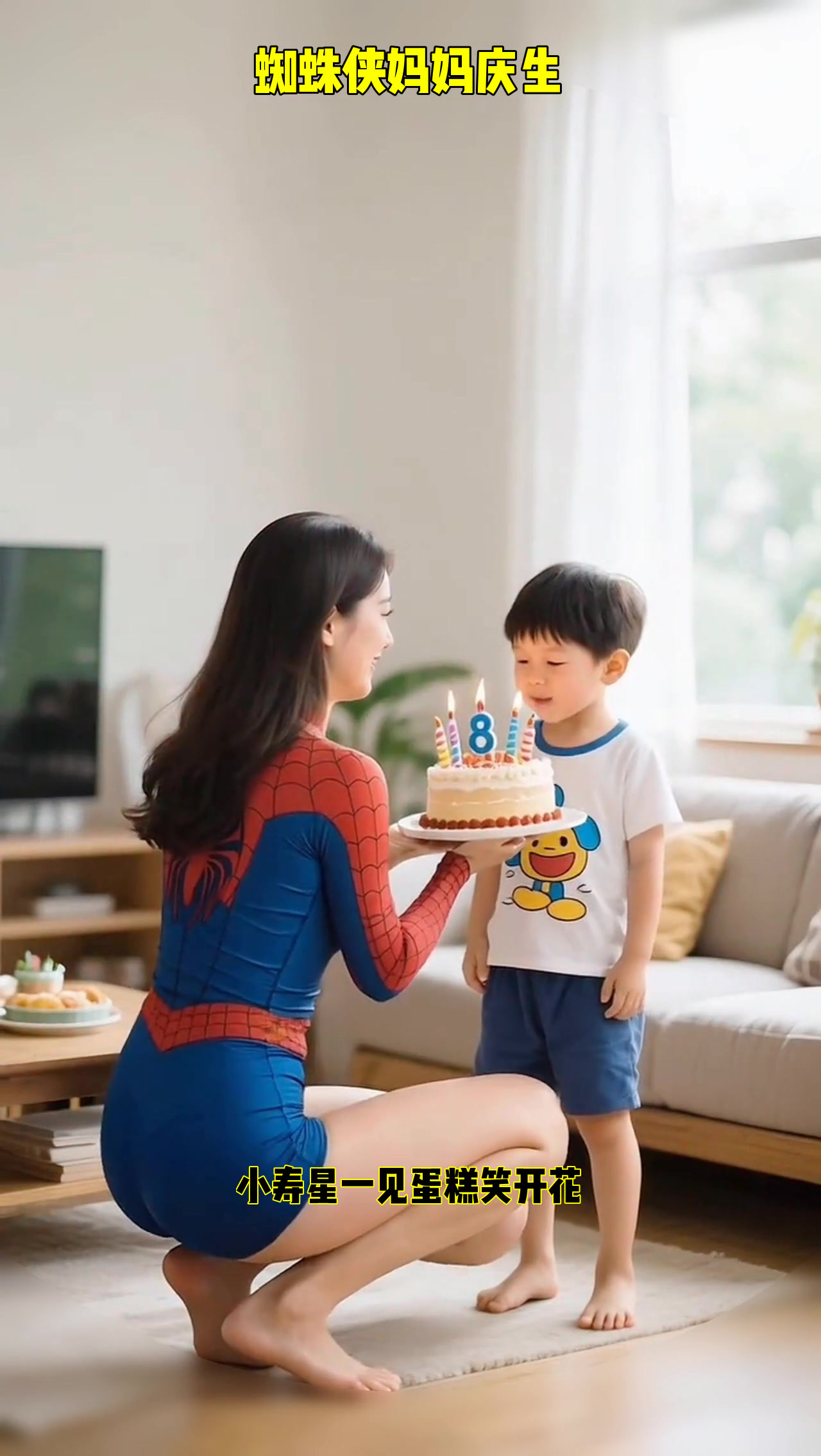 蜘蛛侠妈妈送生日蛋糕，萌娃笑翻了