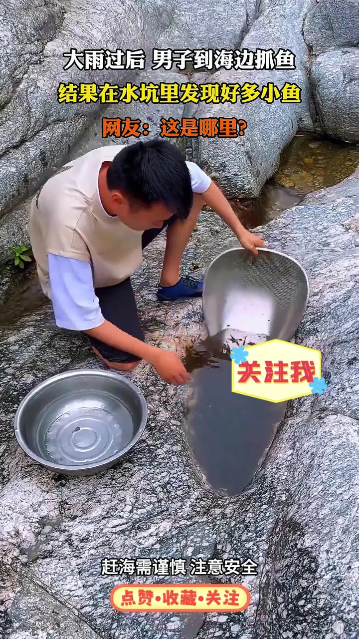 大雨过后，男子到海边抓鱼，结果在水坑里发现好多小鱼