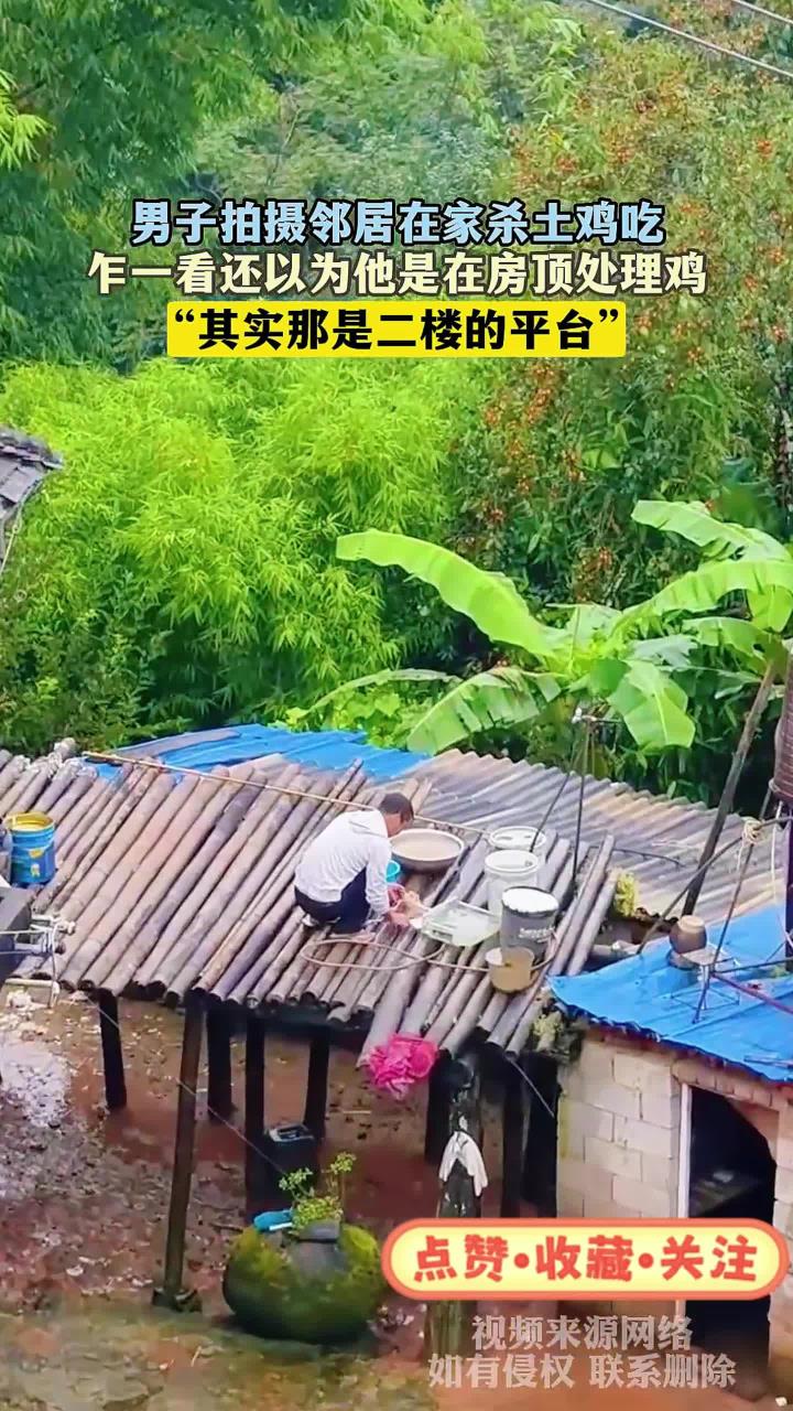 男子拍摄邻居在家杀土鸡吃,乍一看还以为他是在房顶处理鸡