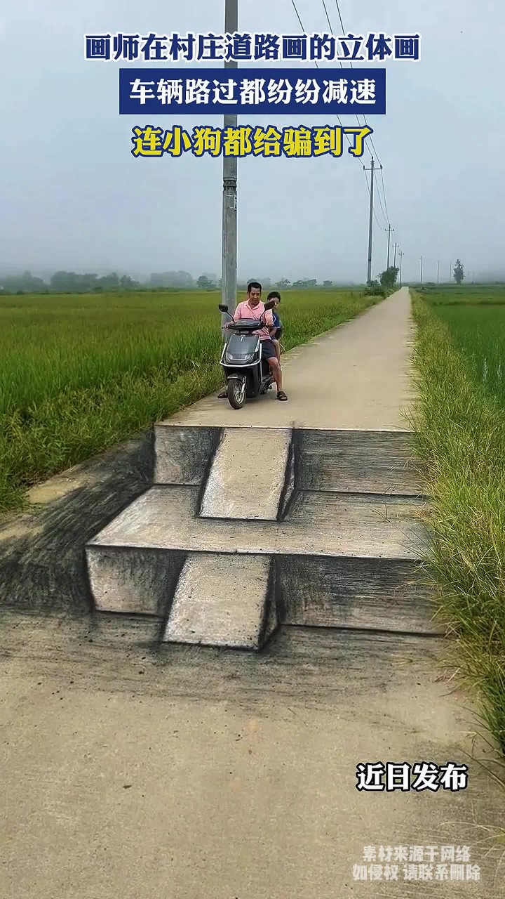 画师在村庄道路画的立体画,车辆路过都纷纷减速