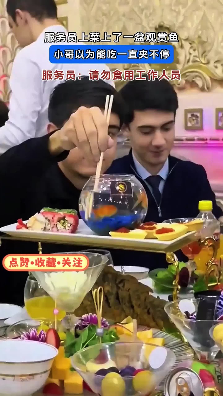 服务员上菜上了一盆观赏鱼,小哥以为能吃一直夹不停