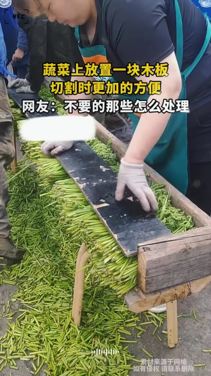 蔬菜上放置一块木板，切割时更加的方便，网友：不要的那些怎么处理