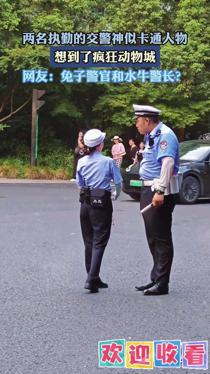 两名执勤的交警神似卡通人物,想到了疯狂动物城