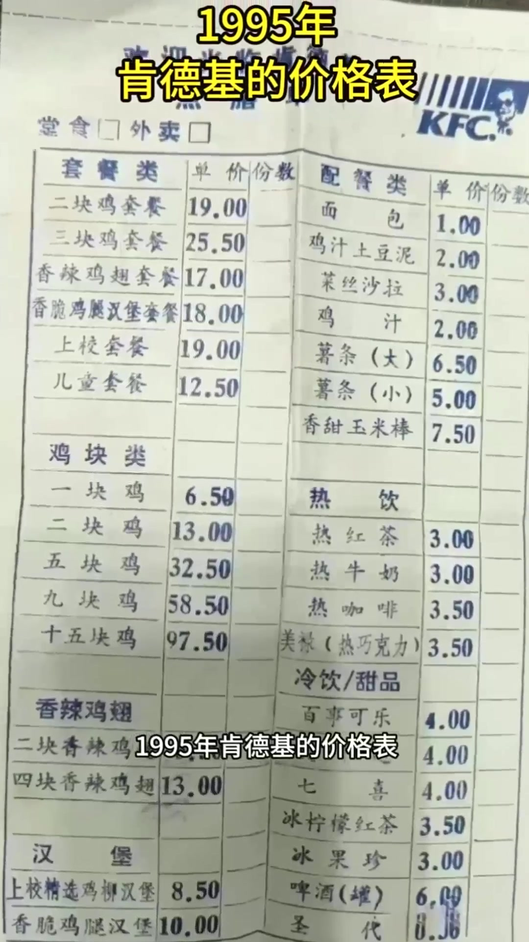 1995年,肯德基的价格表历史人物故事